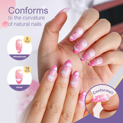 morily 24pcs Press on Nails Medium Length Almond Fake Nails Kit Long Ombre Pink Acrylic False Nails with White Cloud Design Crystal Artificial Glossy Stick on Nails Finger Manicure for Women and Girls