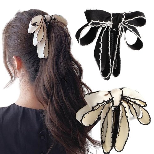 2Pcs Bow Banana Hair Clips Bowknot Banana Hair Accessories Vertical Ribbon Ponytail Claw Clips Banana Hair Barrette for Women Girls Ponytail Holder