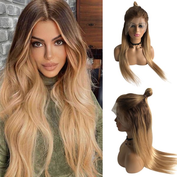 32 Inch Lace Front Wig Human Hair Highlight Brown to Honey Blonde Straight Lace Front Wigs Human Hair Brown HD Transparent Ombre Lace Frontal Wigs Pre Plucked with Baby Hair with HD Lace Frontal Wig