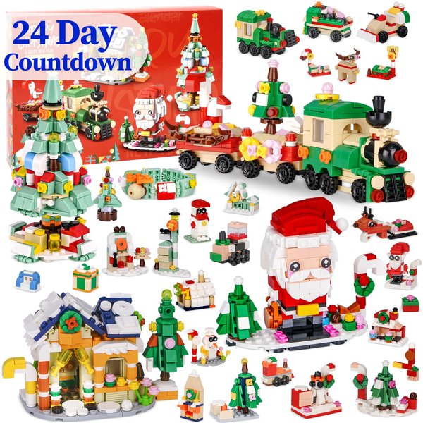 Advent Calendar 2024 Kids Building Blocks Set, 24 Days Christmas Calendar Countdown, 1123 Pieces 6 in 1 Santa Tree Train House Gift for Boys Girls