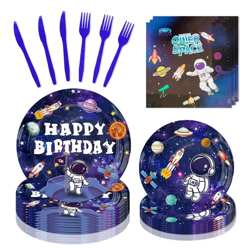 120 Pcs Space Birthday Paper Plates Napkins, Galaxy Party Supplies Tableware Set for 24 Guests, Space Themed Birthday Party Decorations for Kids Boys Girls Baby Shower