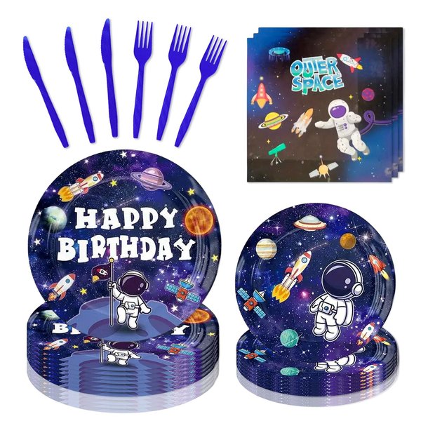 120 Pcs Space Birthday Paper Plates Napkins, Galaxy Party Supplies Tableware Set for 24 Guests, Space Themed Birthday Party Decorations for Kids Boys Girls Baby Shower