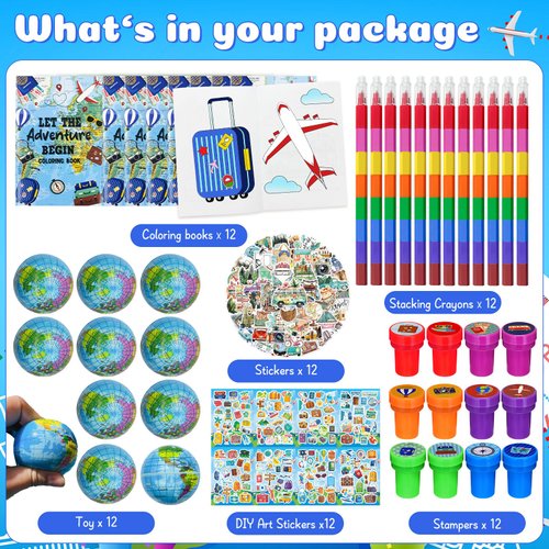 Cinrobiye 72 Pcs Adventure Coloring Book Bulk, Let the Adventure Begin Party Favors Goodie Bags Fillers,World Travel Birthday Party Supplies Face Stickers Tattoo Class Prizes for Bon Voyage Party