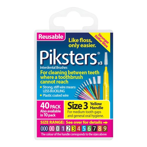 Piksters Interdental Brushes (40 Pack, Size 3 (Yellow))