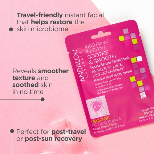 Andalou Naturals, 1000 Roses, Instant Soothe & Smooth Sheet Mask, Single Face Mask, 0.6 oz, (Pack of 6)