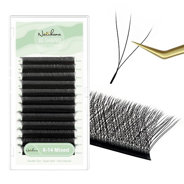 NATUHANA W Shaped Clover Eyelashes Extension 3D Premade Fans 0.07mm D Curl 8-14 Mixed Tray Volume Lash Cluster W Lashes Supplies Automatic Blooming Flower Lash Extensions (3D black ; 0.07 D-8-14 MIX)