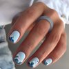 Square Press on Nails Short Blue Fake Nails with Ocean Designs Artificial Glossy False Nails Acrylic full cover Glue on Nails for Women 24Pcs