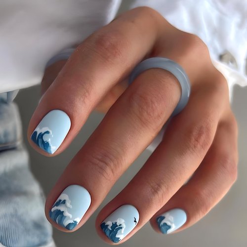 Square Press on Nails Short Blue Fake Nails with Ocean Designs Artificial Glossy False Nails Acrylic full cover Glue on Nails for Women 24Pcs