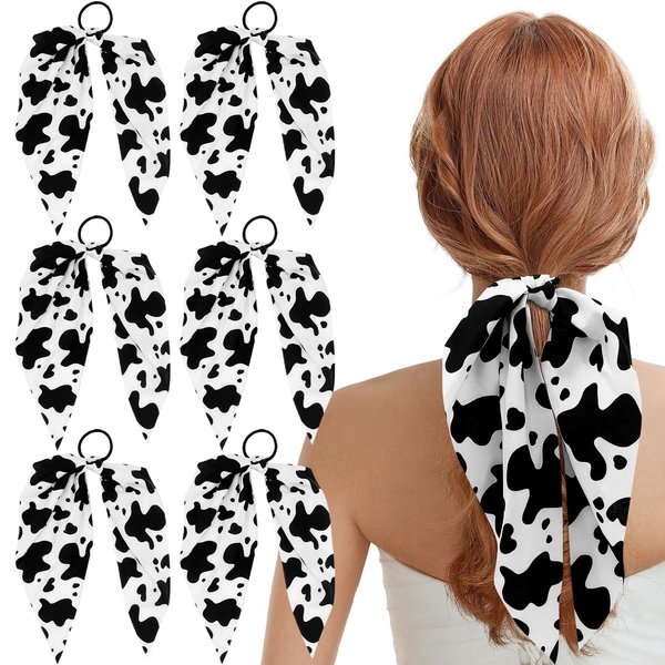6 Pcs Cow Print Hair Bands Bowknot Elastic Hair Ties Rabbit Bunny Ear Bow Hair Scarf Scrunchies Ponytail Holder Headband Accessories for Thin Thick Fine Hair Women Girls