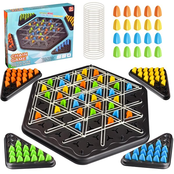 Chain Triangle Chess Game, Strategy Board Games for Kids, Triangle Rubber Band Game, Family Games for Kids and Adults, Chess Board Games for Family Night, 2 to 4 Players, Kids Christmas Birthday Gifts