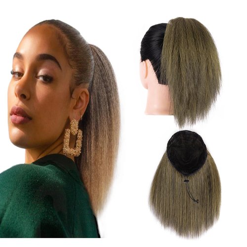 Short Kinky Straight Ponytail 10inch Hair Extensions Ponytail Natural Puffing Warp Around Afro Clip in Ponytail Extensions for Women girls (#T27)