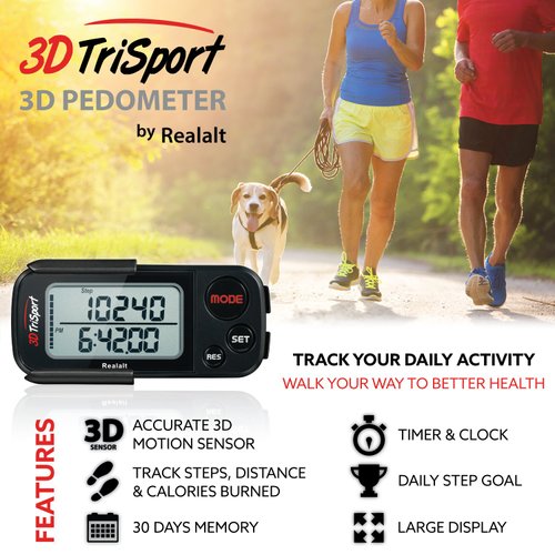 3DTriSport Walking 3D Pedometer with Clip and Strap, Free eBook | 30 Days Memory, Accurate Step Counter, Walking Distance Miles/Km, Calorie Counter, Daily Target Monitor, Exercise Time (Stealth Black)