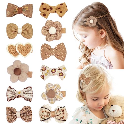 EleMirsa 12pcs Girl's Hair Clips Brown Bow Fabric Snap Hair Clips Brown Flower Hair clips Bow Hair Accessories for Little Girl Teens Toddler Kids