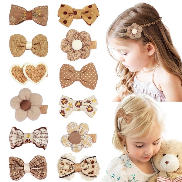 EleMirsa 12pcs Girl's Hair Clips Brown Bow Fabric Snap Hair Clips Brown Flower Hair clips Bow Hair Accessories for Little Girl Teens Toddler Kids