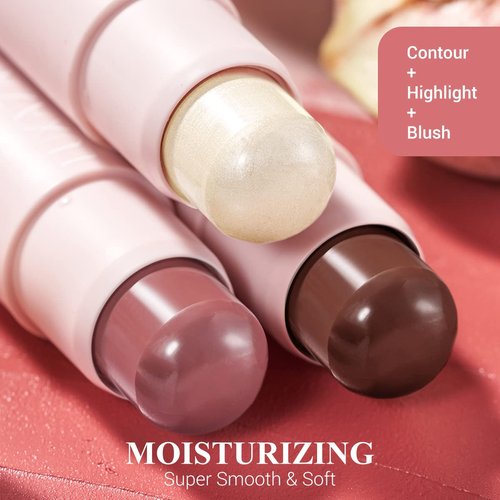 LUXAZA 3PCS Cream [Blush] + Highlighter + Bronzer / [Contour] [Stick], Complete Face Make up Kit Trio Wand, Lightweight Dewy Finish for Girls and Women, Highlight ( Pearl ) #01 + [Contour] ( [Matte] ) #01 + [Blush] ( [Matte] ) #04