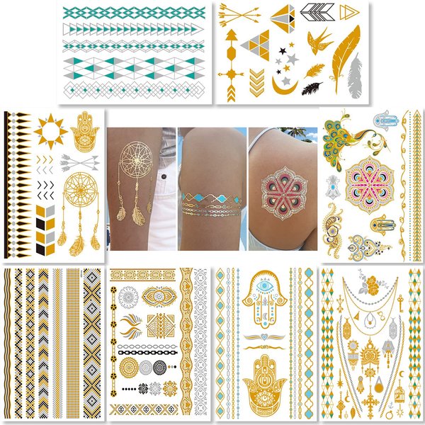 Metallic Temporary Tattoos for Women Teens Girls - 8 Sheets Gold Silver Temporary Tats Glitter Shimmer Designs Jewelry Tattoos - 100+ Color Flash Fake Waterproof Tattoo Stickers (Caicos)