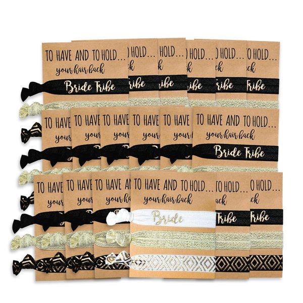 Pop Fizz Designs 18 Pack of Bachelorette Party Favors | 17 Bride Tribe Hair Ties and 1 Bride to Be Hair Tie | Bachelorette Hair Ties