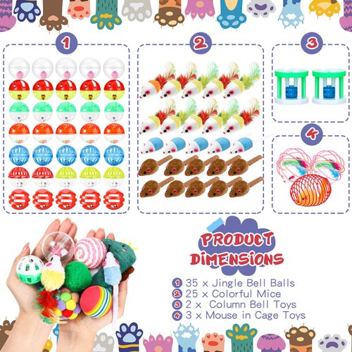 Lenwen 100 Pcs Cat Toys Set Bulk Cat Fur Mice Toys Variety Plastic Ball with Bell Furry Pompom Rattle Mouse Assorted Interactive Catnip Toy Pillow Chew Nice Gift for Indoor Kitten Cats Catch Play