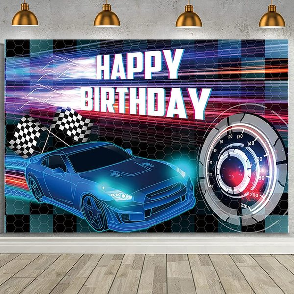 MEHOFOND 8x6ft Car Racing Happy Birthday Backdrop, Blue Racing Party Photo Background for Boys, Cars Party Decorations Car Banner Blue Race Car Birthday Party Supplies Party Decor