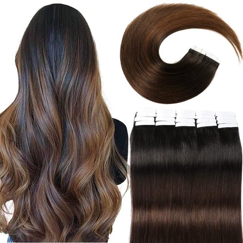 VINBAO Tape In Hair Extensions Human Hair Color 1B Off Black Fading To 4 Middle Brown 50g 20Pcs 16 inch Soft Thick End Durable Tape Silky Straight Balayage Hair Extensions(16inch, #1BT4)