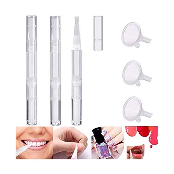 DNHCLL 3 Pack 3 ml Transparent Twist Pens Empty Nail Oil Pen with Brush Tip, Cosmetic Lip Gloss Container Applicators Eyelash Growth Liquid Tube With 3 Pack Funnels for Women Female Girls