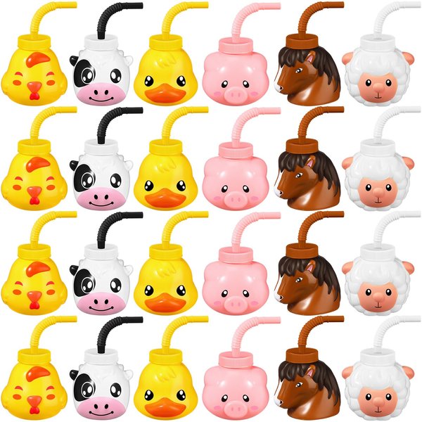 Roshtia 24 Sets Farm Animal Cups with Straws and Lids 11 oz Plastic Animal Themed Cups Cute Pig Sheep Chicken Duck Horse Cow Straw Cups for Kids Birthday Farm Theme Party Favor Supplies