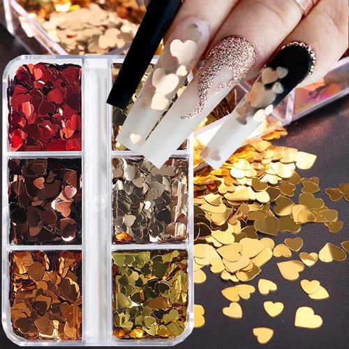 6 Grids Valentine's Day Nail Art Glitters,Heart Nail Sequins 3D Holographic Love Heart Nail Glitters Flakes Sparkle Retro Heart Acrylic Nails Designs Stickers for Valentine's Party Nail Decorations