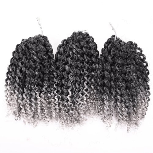 Silike Marlybob Kinky Curl Ombre Crochet Braiding Hair (3 Bundles/pack) 8'' Water Wave Crochet Hair Extensions For Women (T 1B/Grey)