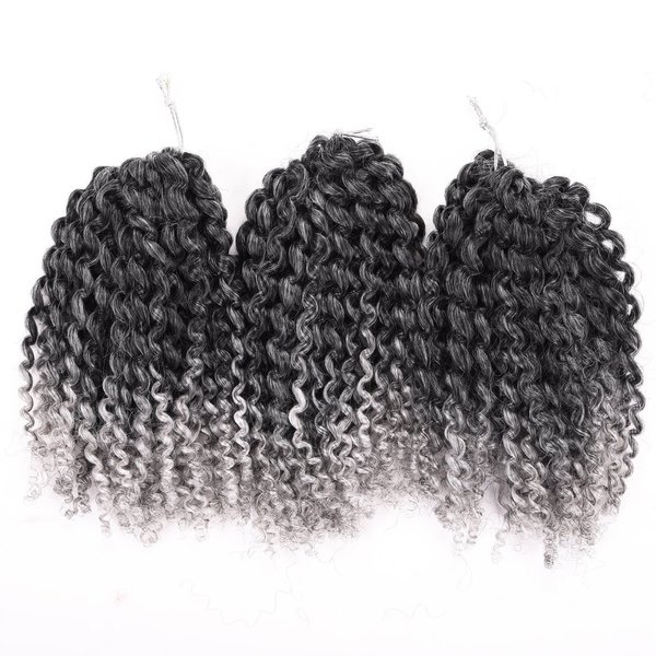 Silike Marlybob Kinky Curl Ombre Crochet Braiding Hair (3 Bundles/pack) 8'' Water Wave Crochet Hair Extensions For Women (T 1B/Grey)