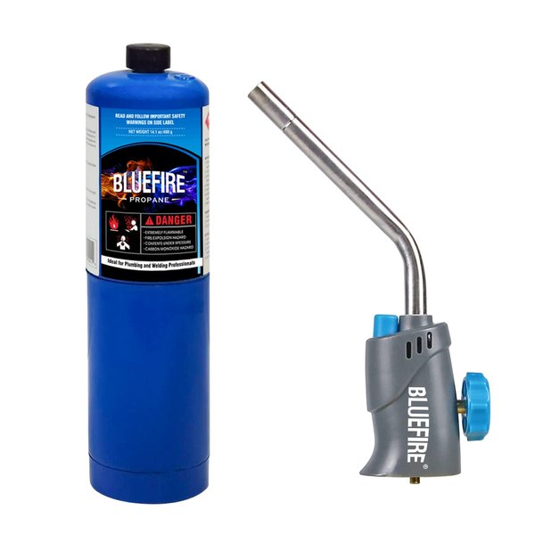 BLUEFIRE Trigger Start Gas Welding Torch Head with Propane Kit,Extend 1.5" Tube Piezo Self Ignition Nozzle Fuel by MAPP MAP PRO Propane 1lb Handheld Cylinder Soldering Brazing Triple-Point Flame