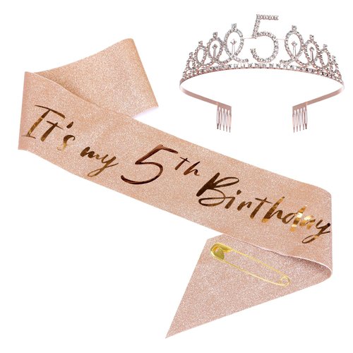 JasperKino 5th Birthday Sash and Tiara Set Rose Gold Birthday Sash Crown Birthday Party Favors Supplies for Girls Birthday Party