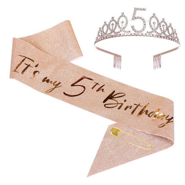 JasperKino 5th Birthday Sash and Tiara Set Rose Gold Birthday Sash Crown Birthday Party Favors Supplies for Girls Birthday Party