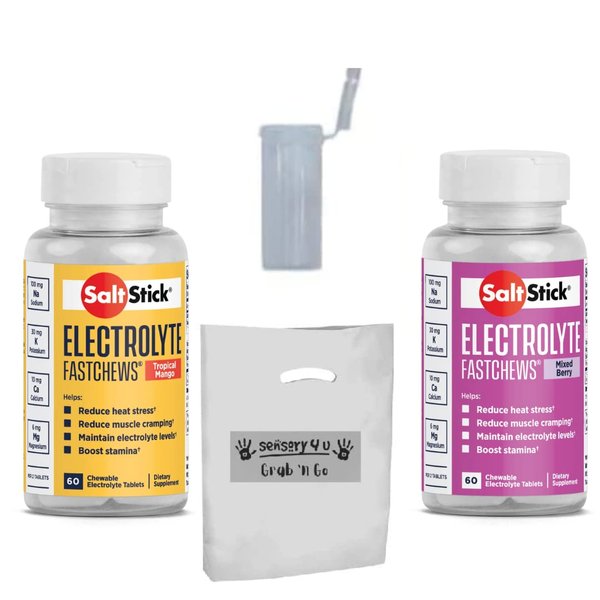 SENSORY4U Grab and Go Gift Set with New Flavors SaltStick FASTCHEWS Variety 2-Pack - 60 Count Bottles of Tropical Mango and Mixed Berry with Race Ready Tube