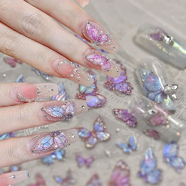 Shell Aurora Butterfly Nail Stickers for Women Butterfly Nail Art Stickers Pink Purple Butterfly Stickers for Nails Laser Butterfly Decor Nail Sticker Nails Stickers Nail Decals for Nail Art Supplies