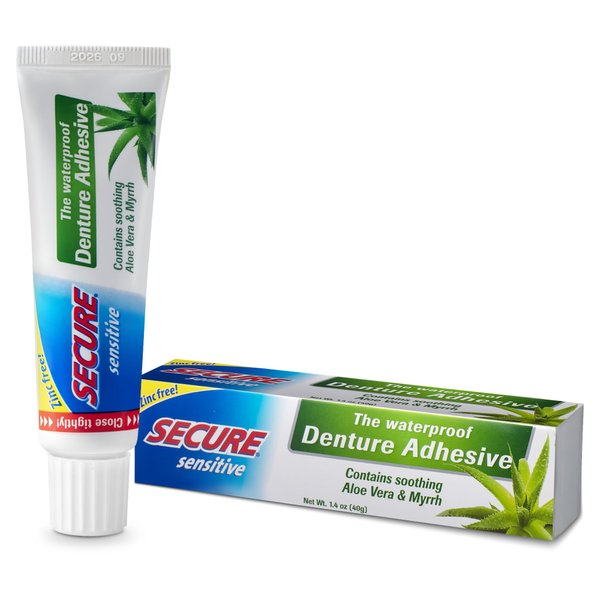 Secure Sensitive Gums Waterproof Denture Adhesive Zinc Free with Aloe Vera & Myrrh - Extra Strong 12 Hour Hold - 1.4 oz