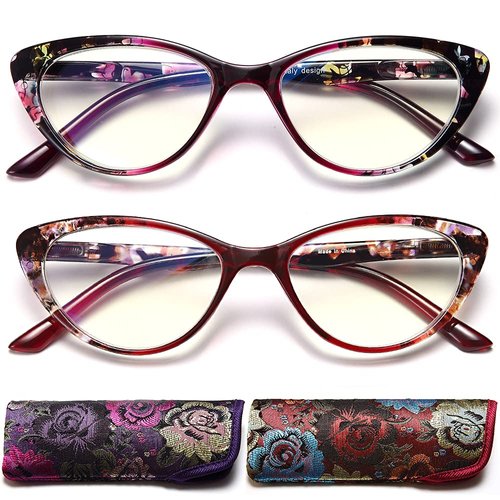 EYEURL Cat Eye Reading Glasses for Womens Set of 2 Blue Light Blocking Computer Readers +1.5 Ladies Eyeglass Quality Frame Lightweight and Comfortable