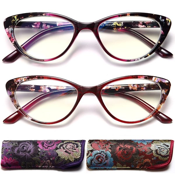 EYEURL Cat Eye Reading Glasses for Womens Set of 2 Blue Light Blocking Computer Readers +1.5 Ladies Eyeglass Quality Frame Lightweight and Comfortable