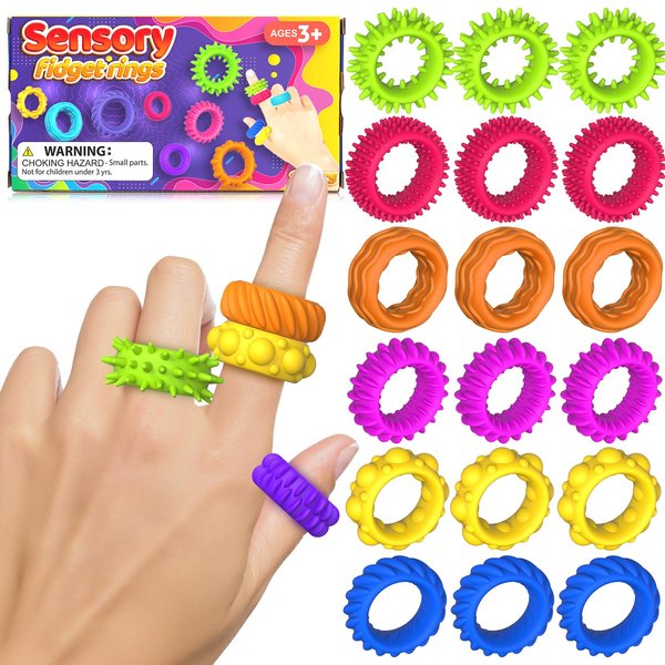Fidget Toys Kids Sensory Rings: Fidget Ring Sensory Toys for Kids with Autism - Quiet Anxiety Fidgets for Classroom 18 Pack