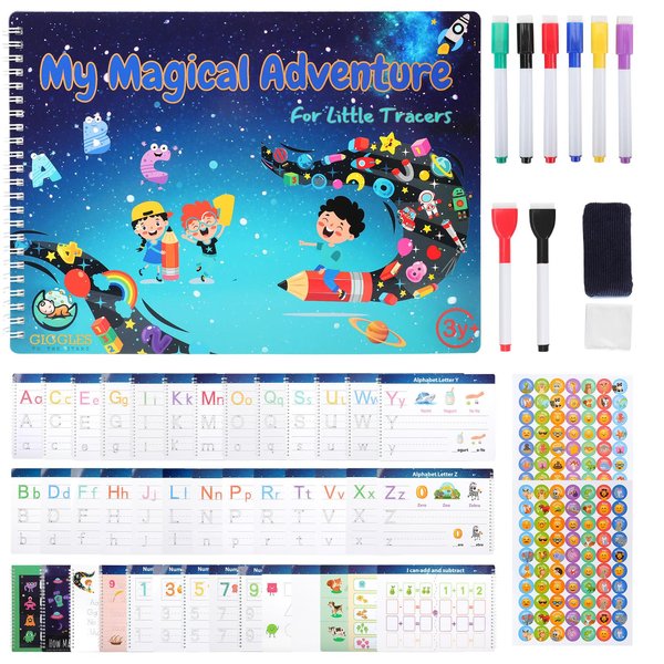 GIGGLES TO THE STARS, Preschool Learning Workbook, Busy Book, Reusable Tracing Workbook, Fine Motor Control, Autism Learning Materials, Handwriting Practice for Kids, Learning & Education Toys