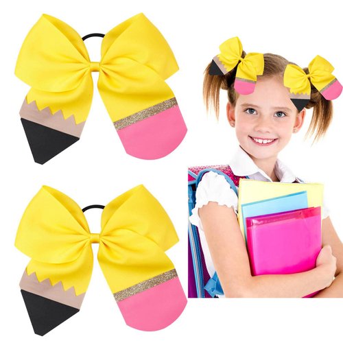 2PCS Back to School Hair Bows Ties 5" Yellow Pencil Bows School Cheer Hair Bows with Elastic Ponytail Holder Cute Scrunchies Cheerleader Hair Accessories for Girls Teens Kids First Day of School Gift