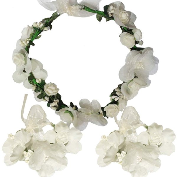 Flower Crown Headband Wristbands Rose Wreath Garland Hair Bands Wrist Bands Floral Wedding Bridal Hair Hoop Bracelet Women Leaf Ribbon Adjustable Handmade Rattan Vine Hair Accessories 3 Pack Beige