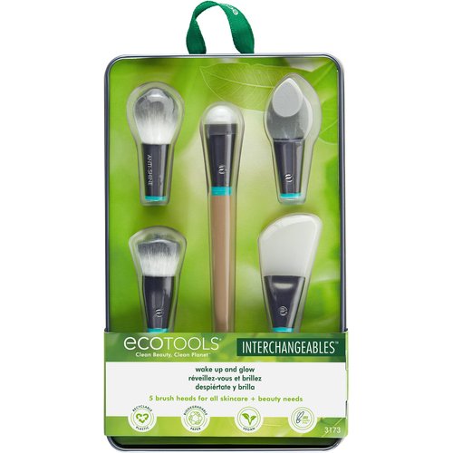 EcoTools Wake Up + Glow Interchangeables Makeup Brush Set with Case, With Beauty Blender Makeup Sponge, Silicone Applicator Face Mask Brush, Eye Roller Depuffer (Set of 6)