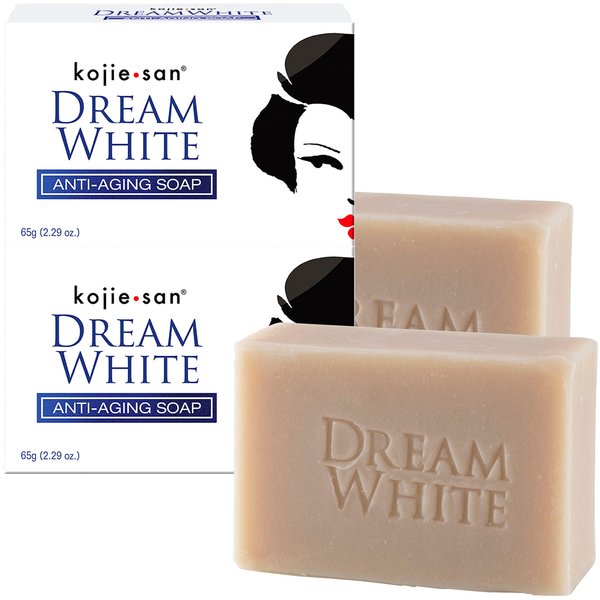 Kojie San Dream White Soap - Skin, Body, and Facial Brightening & Anti Aging Kojic Acid Soap with Collagen, Elastin & Coconut Oil - 65g x 2 Bars