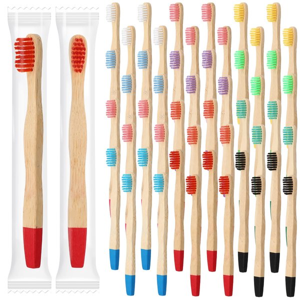 Estune 48 Pcs 5.7 Inch Kids Bamboo Toothbrushes Soft Bristle Toothbrush Individually Wrapped Toddler Toothbrush Manual Tooth Brushes for Kids Adults Home Travel Teeth Oral Supplies, 12 Colors