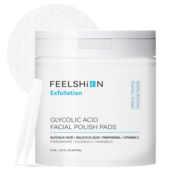 FEELSHION Glycolic Acid Exfoliating Face Pads | Exfoliation with Salicylic Acid & Vitamins C, E | Hydrating & Firming with Hyaluronic Acid & Calendula | Cruelty-Free, Dermatologist-Tested (50 Pads)
