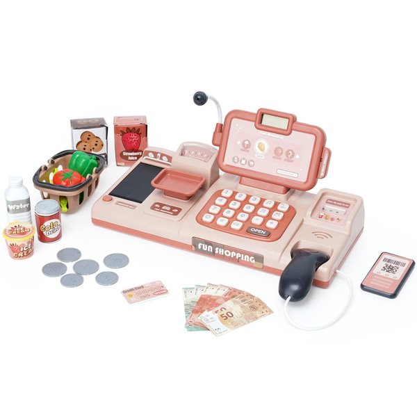 Kids Cash Register Toy Pretend Play Store Toy Set Classic Count Toy with Sound, Scanner Food Shopping Basket Pretend Credit Card for Boys Girls 3 4 5 6 7 8 Years