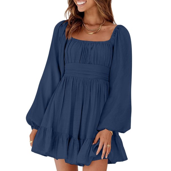 Dokotoo Spring Dresses for Women 2023 Square Neck Tie Backless Sexy Dress Long Lantern Sleeve Ruffle A-Line Mini Dress Shirred Elastic Waist Dark Blue Casual Dress Medium