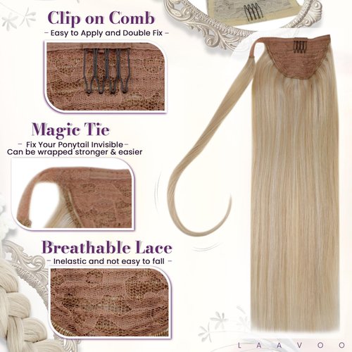 LaaVoo Ponytail Extension Human Hair Light Gloden Blonde Highlighted Bleach Blonde Ponytail Hair Extensions Blonde Highlights Remy Human Hair Ponytail Extensions Straight 12 Inch 70 Gram