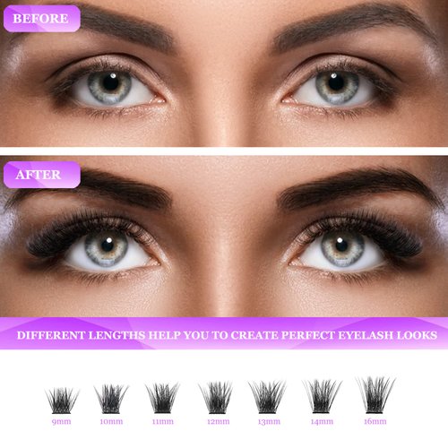 DIY Lash Extension Kit, Missicee Cluster Eyelash Extension Kit with Lash Bond & Seal, Applicator and Remover, 144 Pcs 0.10mm 56D 9-16mm Mixed Wide-stem Cluster Lash, Individual Lashes Kit at Home