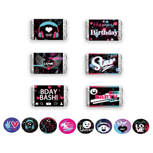 TIK Music Birthday Party Supplies,90 Pieces TIK Music Candy Wrappers,240 Pieces Favors Stickers Mini Kisses Candy Stickers Chocolate Drop Labels Wrappers.